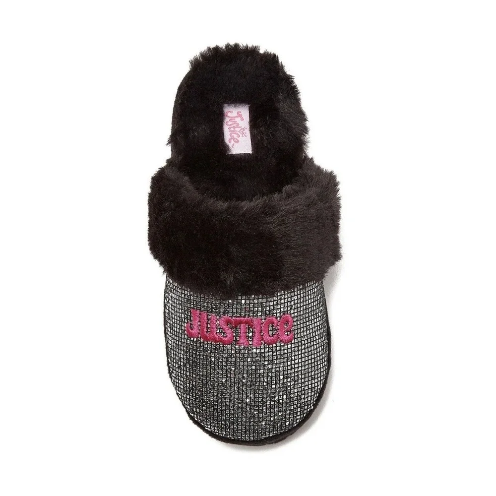 Justice Little & Big Girls Slip On Scuff Slippers Black/Silver Size 6